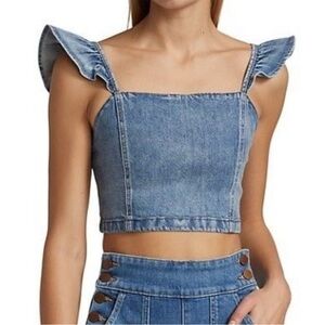 NWT Alice + Olivia Kiley Denim Jean Crop Flutter Ruffle Strap Top Blue Sz 8